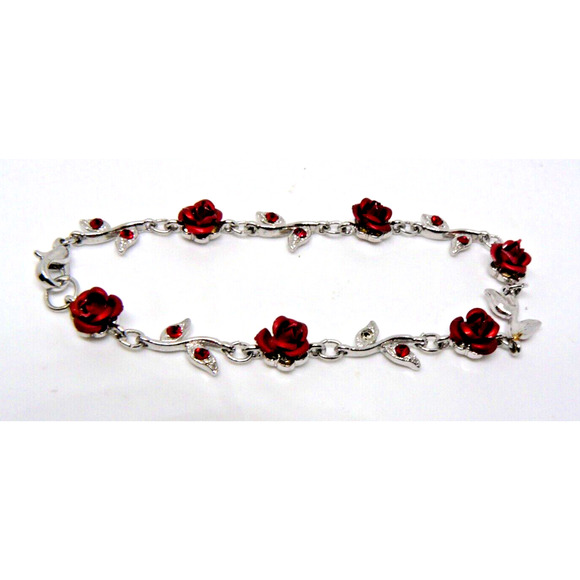 Red ROSE FLOWER~ made with Swarovski Crystal Floral Bridal Wedding Bracelet SEE - Picture 1 of 6
